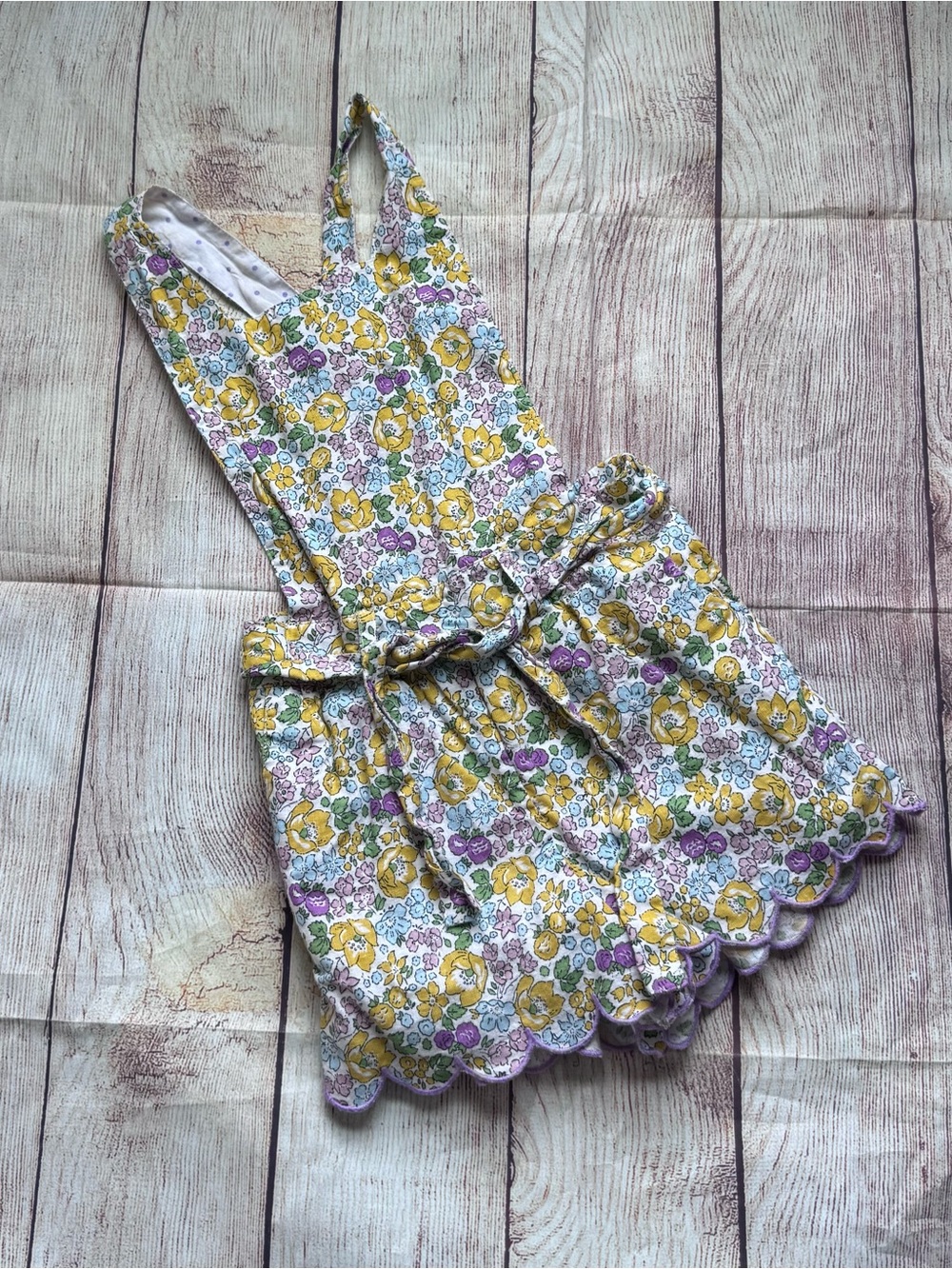 Mini Boden Yellow & Purple Floral Girls Romper with Scalloped Hem